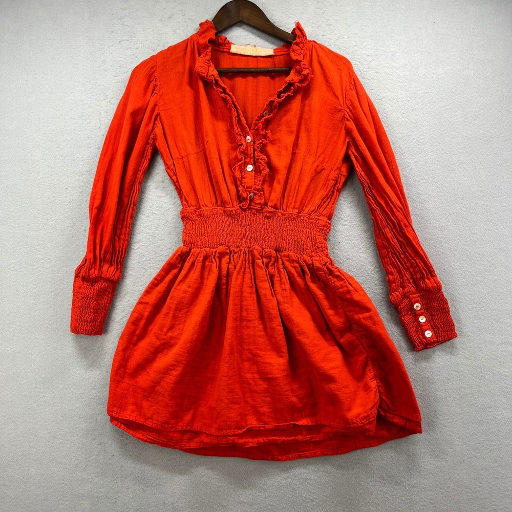 Jens Pirate Booty Mini Dress Womens M Orange Cotton Smocked Ruffle Boho Peasant
